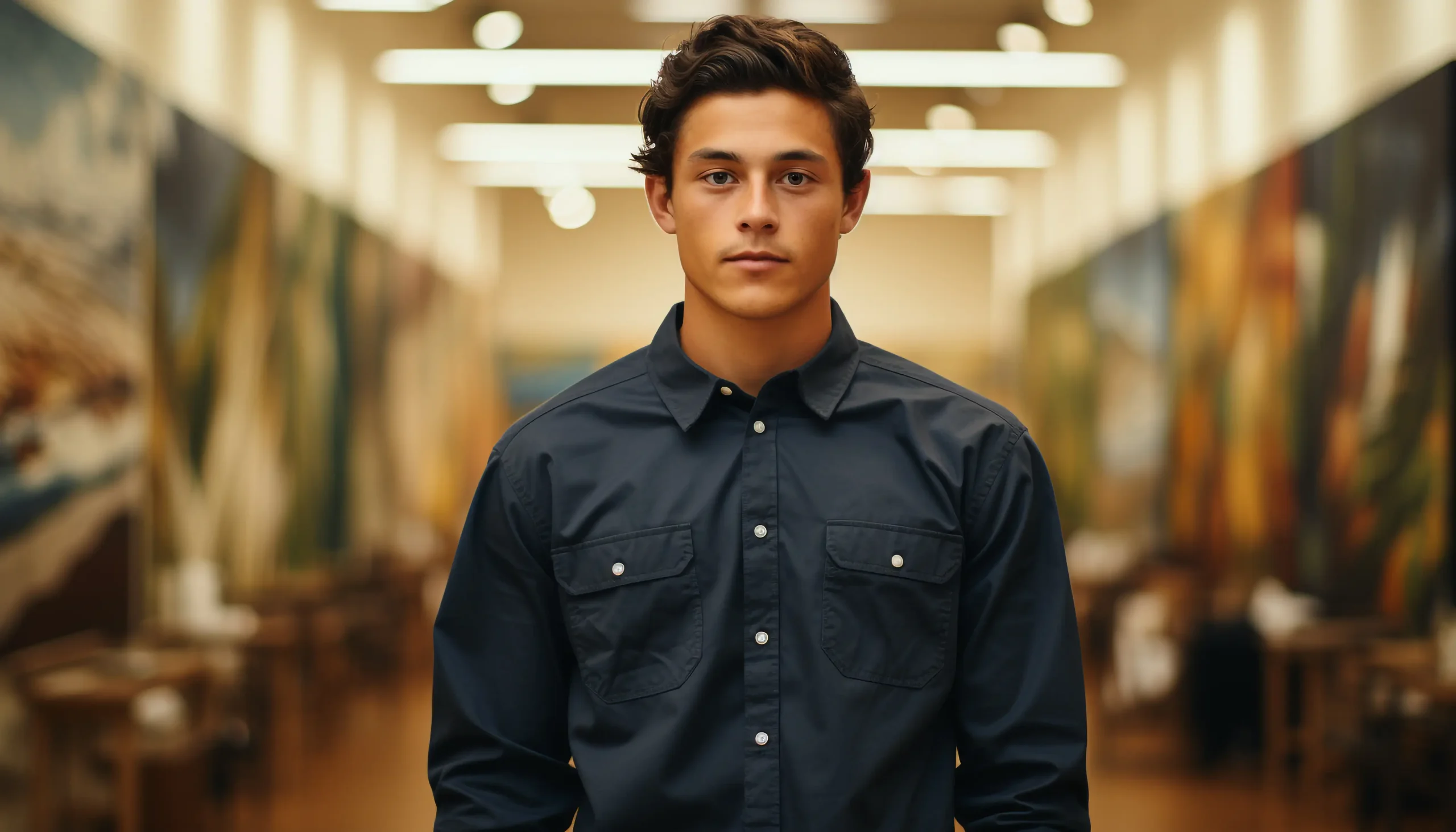 A young man with dark hair wearing a navy button-up shirt stands in a well-lit hallway with colorful abstract art lining the walls. The focus is on him, with a slightly blurred background.