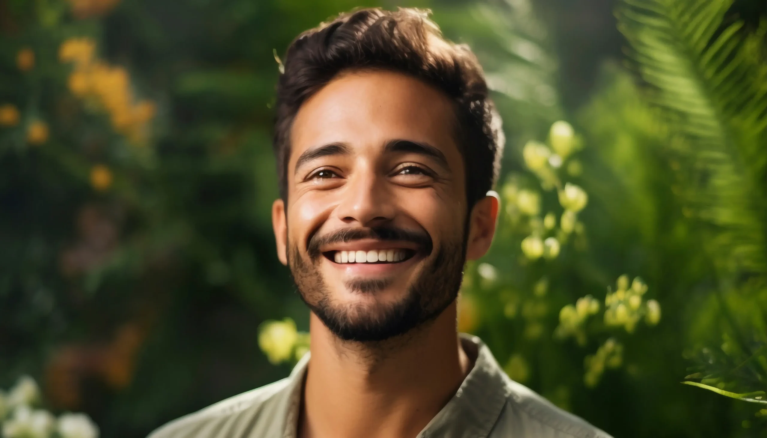 A smiling man with short, dark hair and a beard is outdoors, surrounded by green foliage. He is wearing a light-colored shirt and looking upward, with sunlight softly illuminating his face.